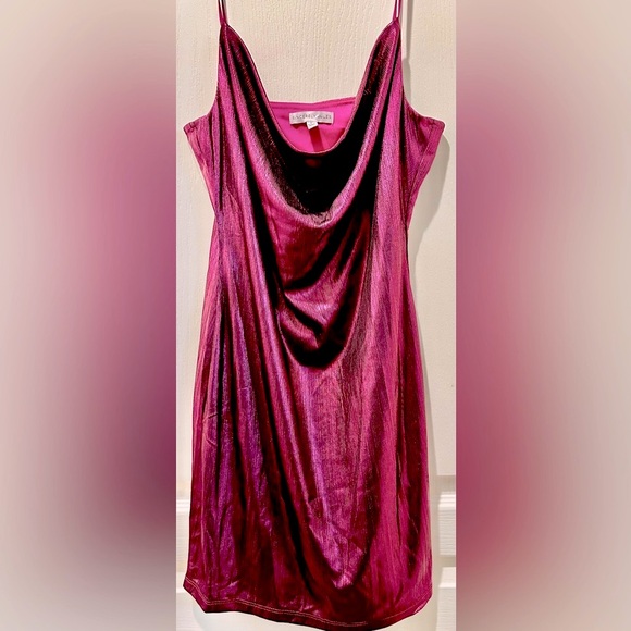 Sincerely Jules Strappy Metallic Fuschia Draped Neck Mini Slip Dress TB4 - Picture 2 of 5